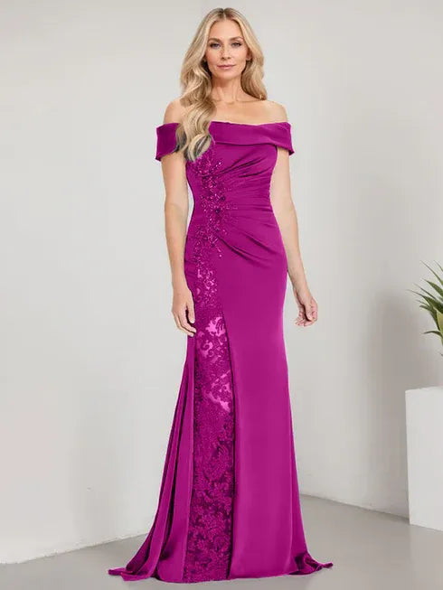 A-Line Off-the-Shoulder Floor-Length Mother of the Bride Dress with Appliqué Beadings and Mermaid Silhouette Featuring a High Split