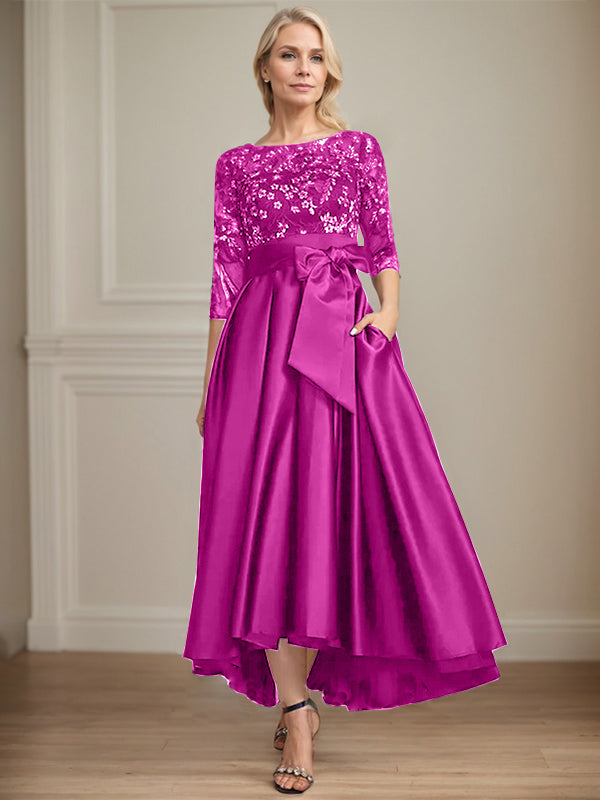 A-Line Scoop Neck Illusion Asymmetrical Satin Lace Mother of the Bride Dress with Bow