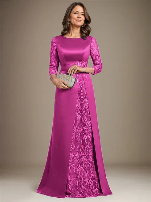 Floor-Length A-Line Lace Satin Mother of the Bride Dress with Scoop Neck and Applique