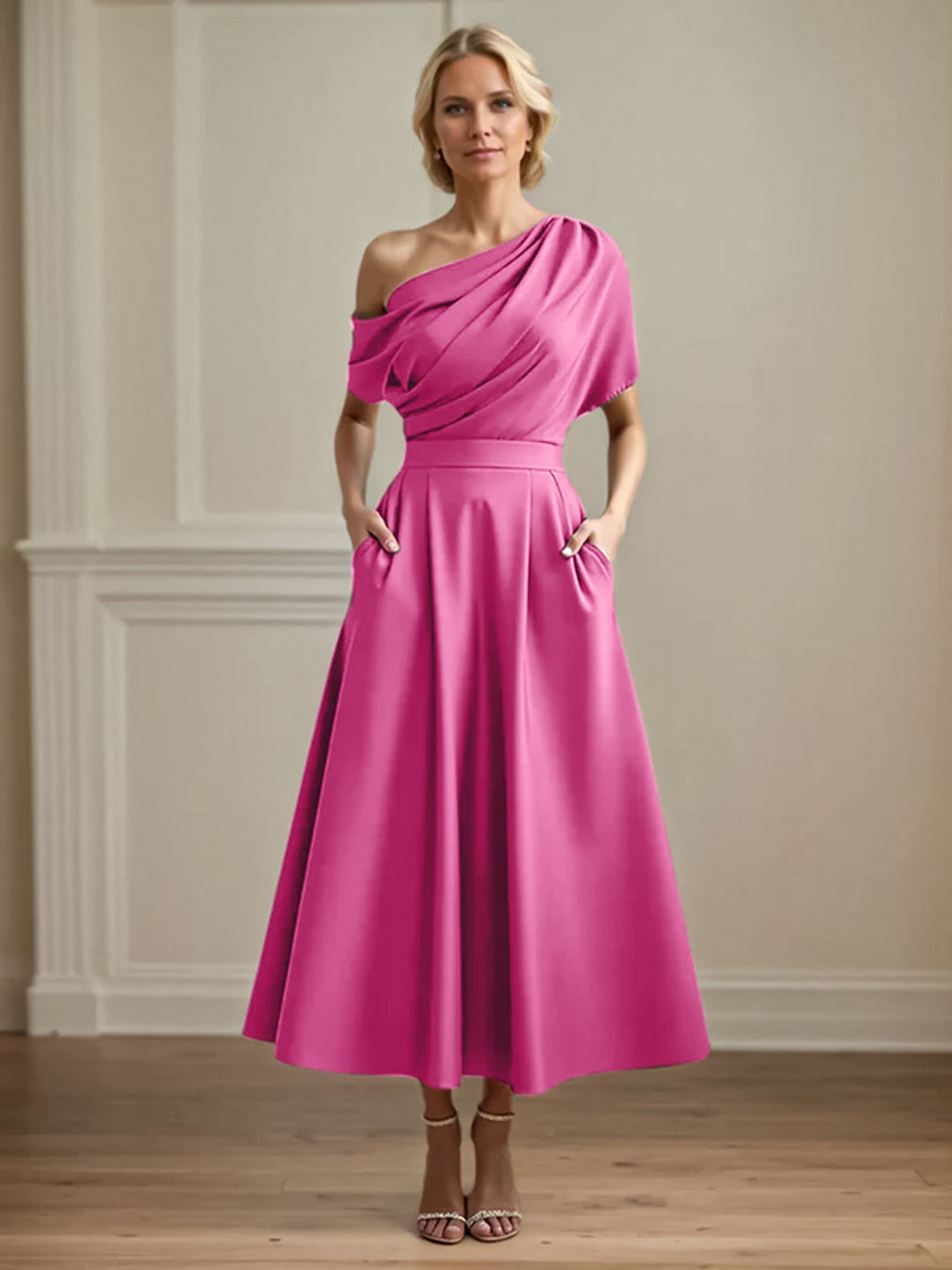 One-Shoulder Satin A-Line Pleated Ankle-Length Mother of the Bride Dress