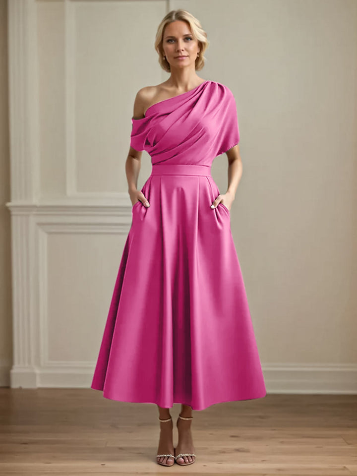 One-Shoulder Satin A-Line Pleated Ankle-Length Mother of the Bride Dress