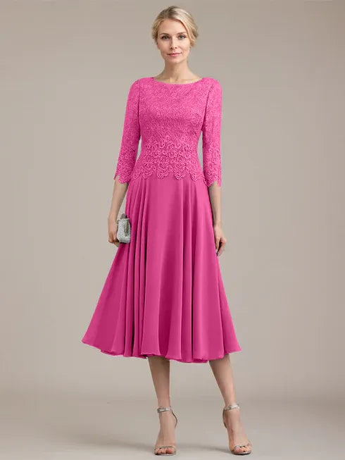A-Line Scoop Neck Tea-Length Lace Chiffon Mother of the Bride Dress