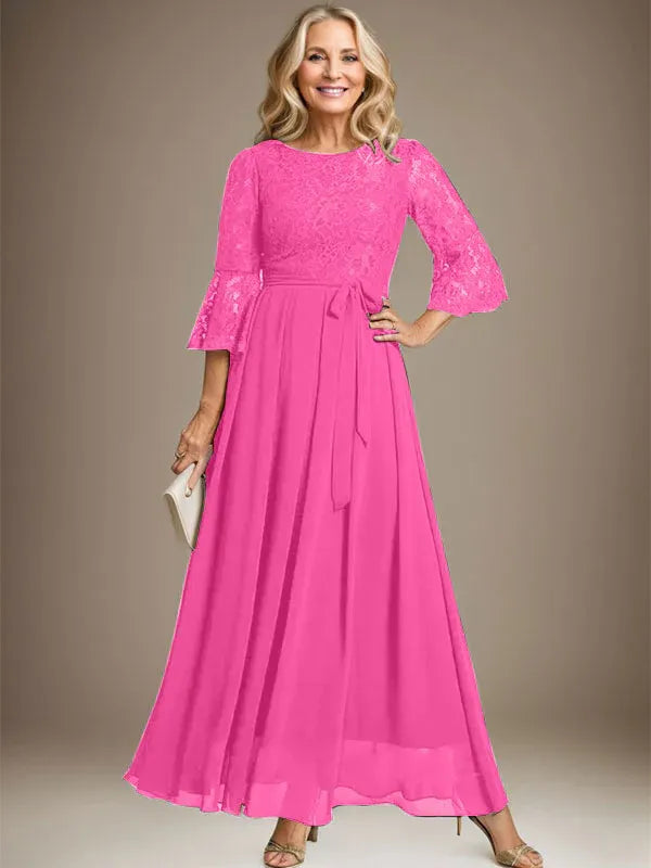 A-Line Scoop Neck Ankle-Length Lace Chiffon Mother of the Bride Dress with Bow