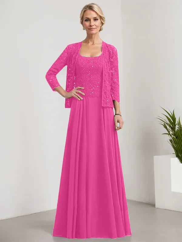 A-Line Square Neck Floor-Length Lace and Chiffon Mother of the Bride Dress with Sequins