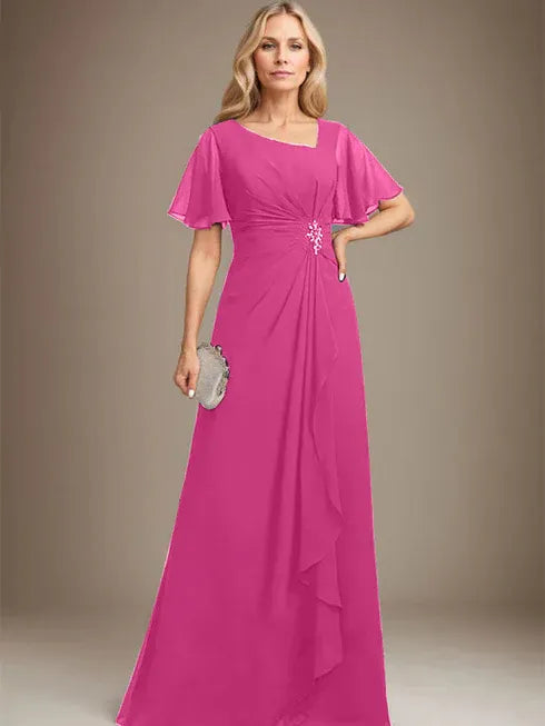 A-Line Asymmetrical Floor-Length Chiffon Mother of the Bride Dress with Pleated Beading and Sequins