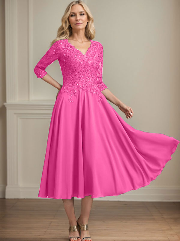 A-Line V-Neck Tea-Length Chiffon and Lace Mother of the Bride Dress with Beading and Sequins
