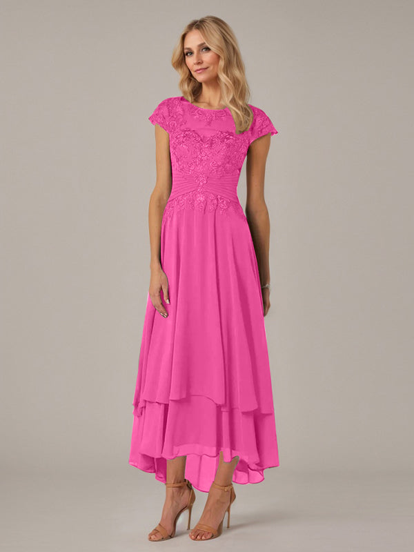 A-Line Boat Neck Illusion Asymmetrical Chiffon Lace Mother of the Bride Dress with Applique and Pleats