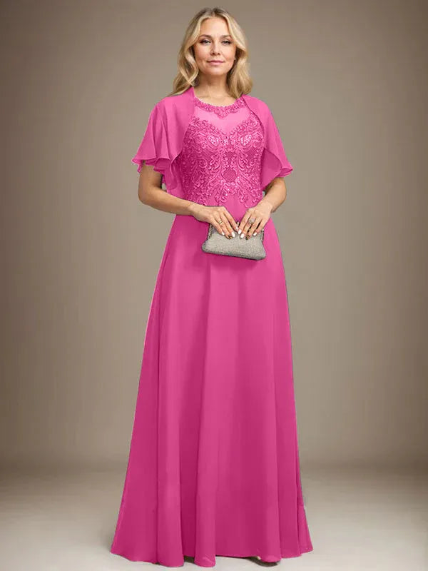 A-Line Scoop Neck Illusion Floor-Length Lace Chiffon Mother of the Bride Dress with Sequins