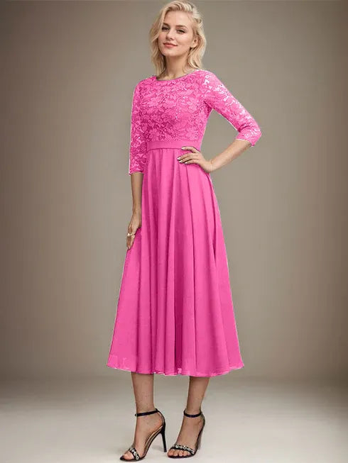 A-Line Scoop Neck Tea-Length Lace Chiffon Mother of the Bride Dress with Sequins