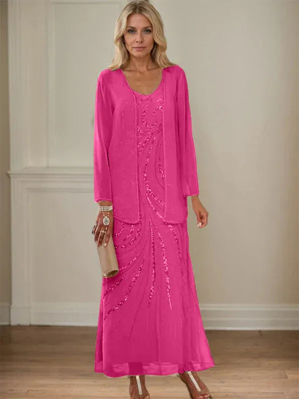 V-Neck Sheath/Mother of the Bride Ankle-Length Dress with Jacket & Sequins