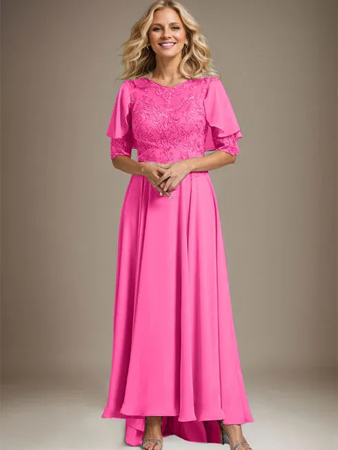 A-Line Scoop Neck Illusion Asymmetrical Chiffon and Lace Mother of the Bride Dress with Beading