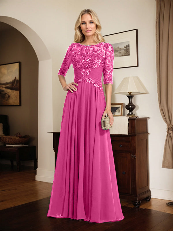 A-Line Scoop Neck Illusion Floor-Length Chiffon and Lace Mother of the Bride Dress with Pleated Sequins