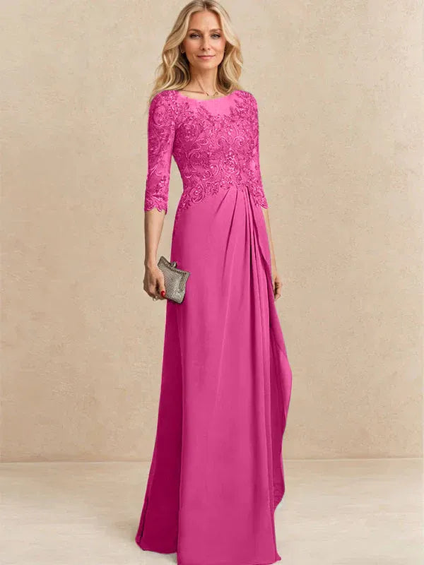 A-Line Scoop Illusion Floor-Length Chiffon and Lace Mother of the Bride Dress with Beading, Sequins, and Cascading Ruffles