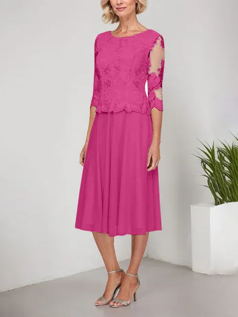 A-Line Scoop Neck Tea-Length Lace Chiffon Mother of the Bride Dress with Embroidery
