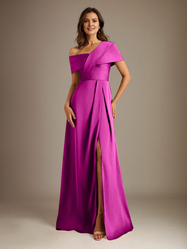 A-Line Satin Mother of the Bride Dress with Asymmetrical Neckline, Floor-Length, and Pleated Design