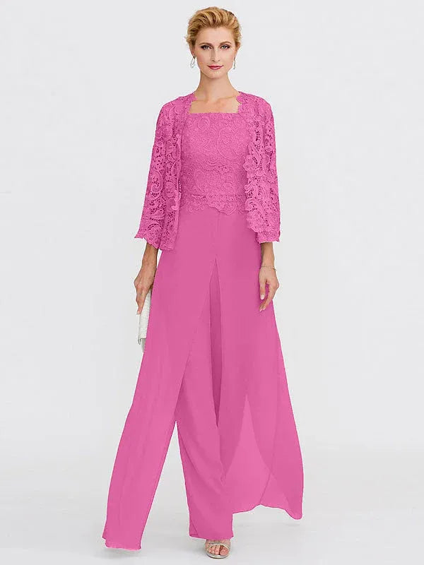 3-Piece Chiffon Square Neck Mother of the Bride Pantsuit Set with Jacket