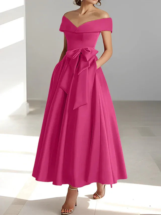 A-Line Off-the-Shoulder Sleeveless Ankle-Length Mother of the Bride Dress with Pockets