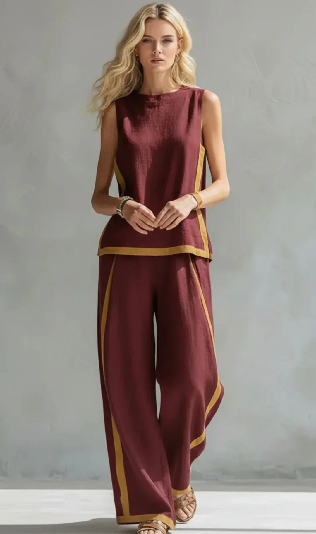 Ursula – Chic-casual vest and pants set with bicolor finishes