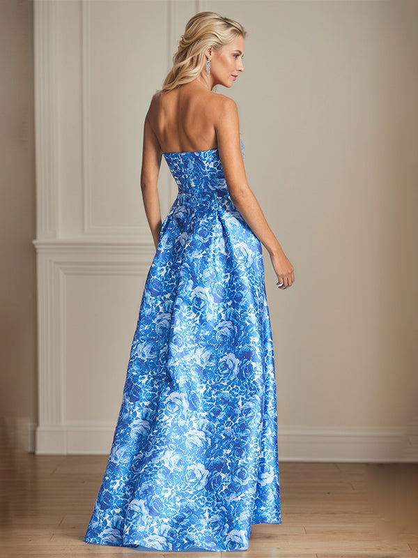 Sea Blue Satin A-Line Off-the-Shoulder Floral Mother of the Bride Dress