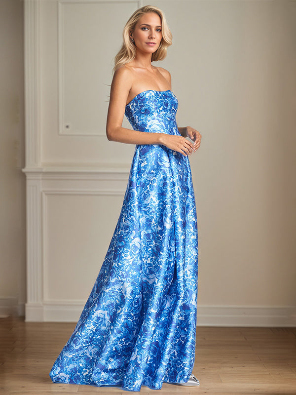 Sea Blue Satin A-Line Off-the-Shoulder Floral Mother of the Bride Dress