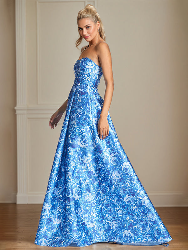 Sea Blue Satin A-Line Off-the-Shoulder Floral Mother of the Bride Dress