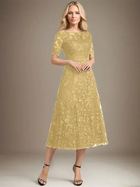 A-Line Scoop Neck Illusion Tea-Length Lace Mother of the Bride Dress with Sequins