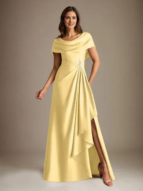 A-Line Scoop Neck Floor-Length Stretch Satin Mother of the Bride Dress with Cascading Ruffles
