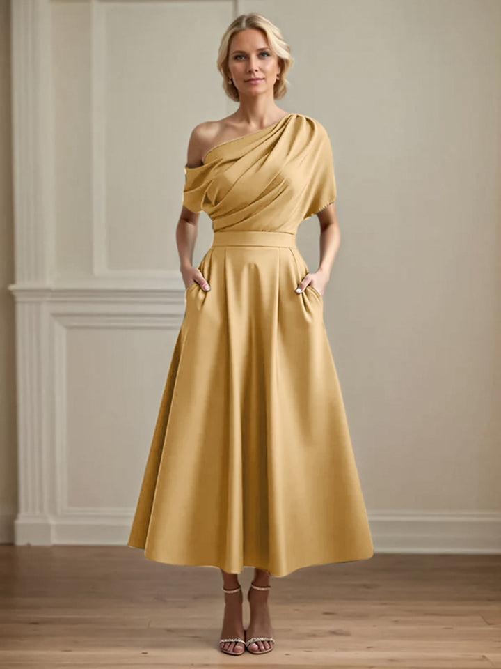 One-Shoulder Satin A-Line Pleated Ankle-Length Mother of the Bride Dress