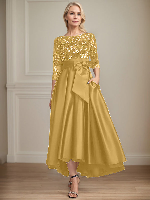 A-Line Scoop Neck Illusion Asymmetrical Satin Lace Mother of the Bride Dress with Bow