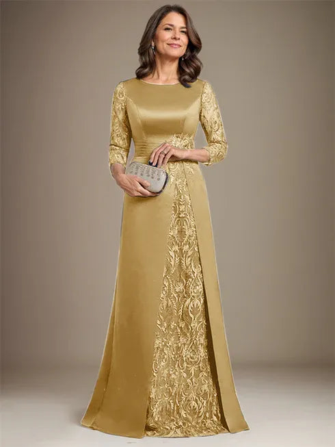 Floor-Length A-Line Lace Satin Mother of the Bride Dress with Scoop Neck and Applique
