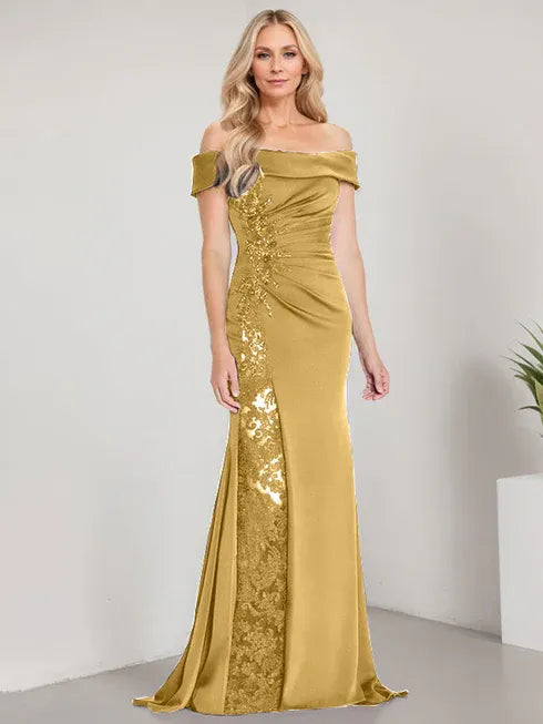 A-Line Off-the-Shoulder Floor-Length Mother of the Bride Dress with Appliqué Beadings and Mermaid Silhouette Featuring a High Split