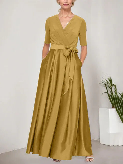 Surplice Neckline Ballgown with Full Satin Skirt and Jersey Bodice