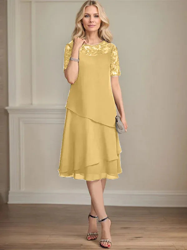 A-Line Scoop Neck Illusion Knee-Length Lace Chiffon Mother of the Bride Dress with Sequins