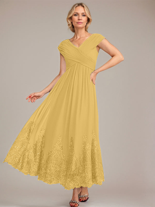 A-Line V-Neck Chiffon Mother of the Bride Dress with Appliqué and Sequins, Ankle-Length