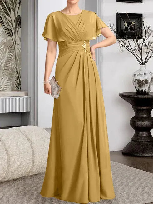 A-Line Scoop Neck Floor-Length Chiffon Mother of the Bride Dress with Pleated Beading