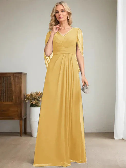 Dark Navy A-Line V-Neck Long Mother of the Bride Dress