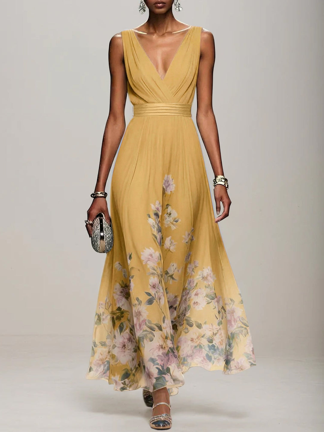 Light Blue Floral Chiffon V-Neck Sleeveless A-Line Maxi Dress