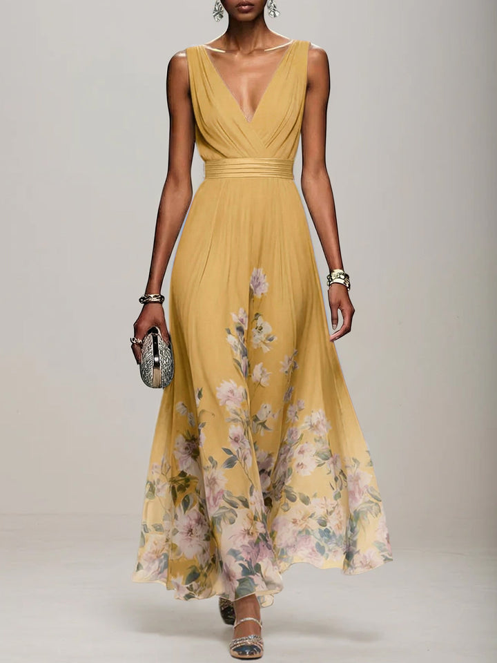 Light Blue Floral Chiffon V-Neck Sleeveless A-Line Maxi Dress