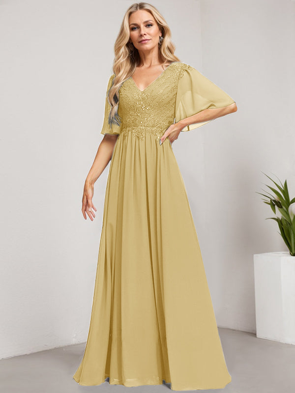 A-Line V-Neck Floor-Length Lace Chiffon Mother of the Bride Dress with Sequins