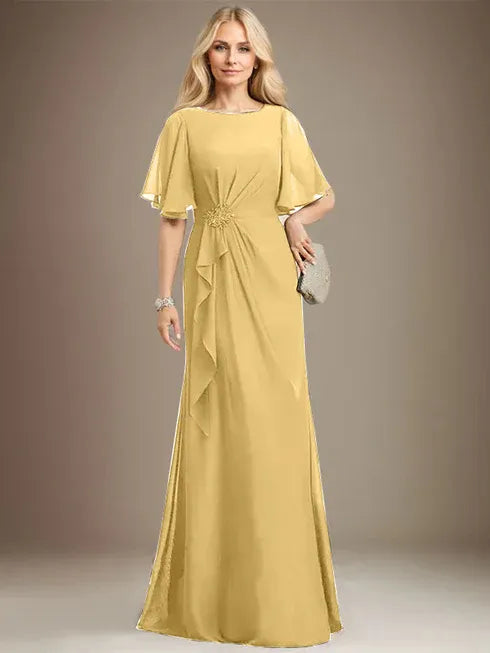 A-Line Scoop Floor-Length Chiffon Mother of the Bride Dress with Cascading Ruffles, Beading, and Sequins