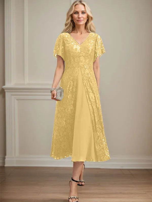 A-Line V-Neck Tea-Length Lace Chiffon Mother of the Bride Dress