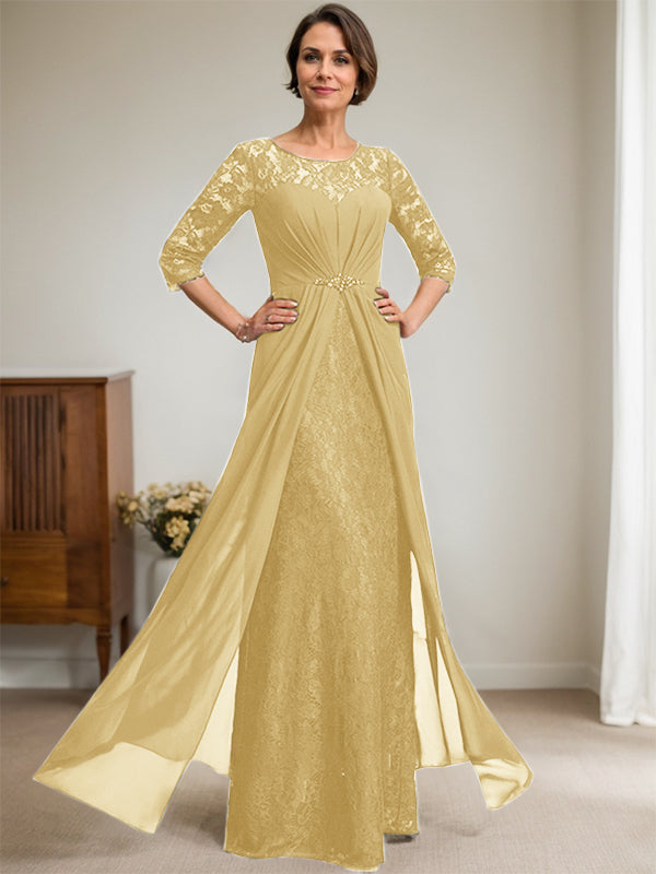 A-Line Scoop Neck Illusion Floor-Length Lace Chiffon Mother of the Bride Dress with Beaded Ruffles