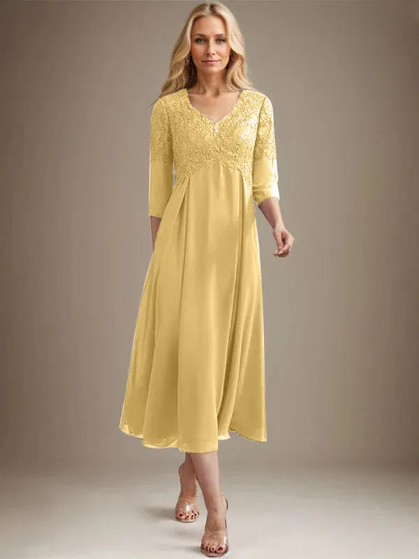 A-Line V-Neck Tea-Length Chiffon Lace Mother of the Bride Dress with Beading