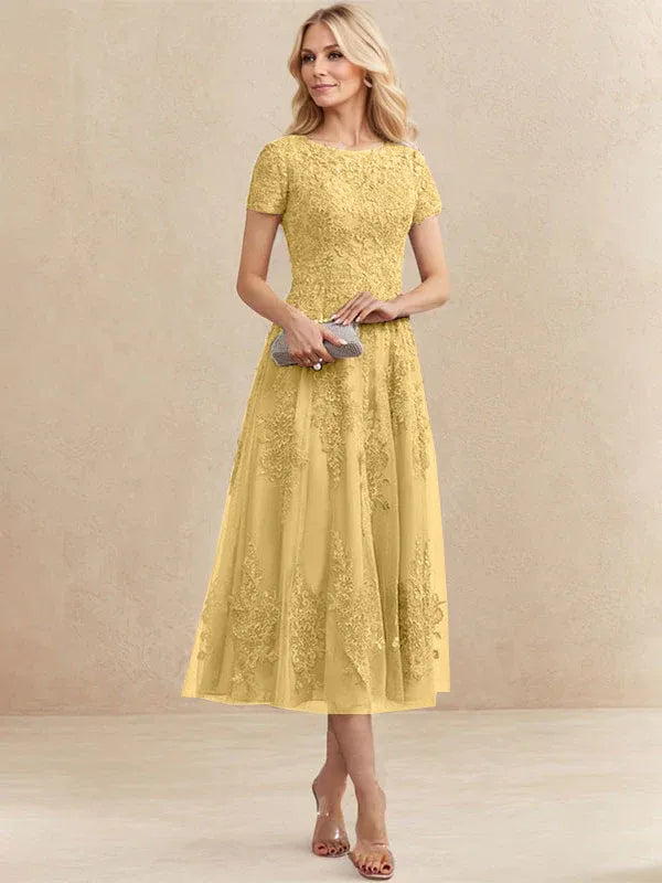 A-Line Scoop Neck Tea-Length Tulle Lace Mother of the Bride Dress