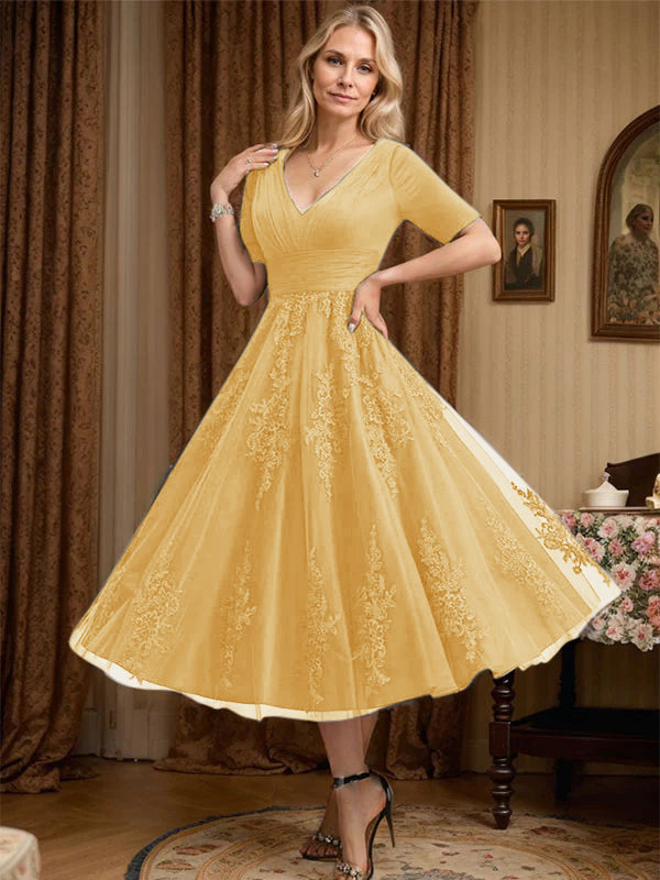 A-Line V-Neck Tea-Length Tulle Lace Mother of the Bride Dress with Pleats
