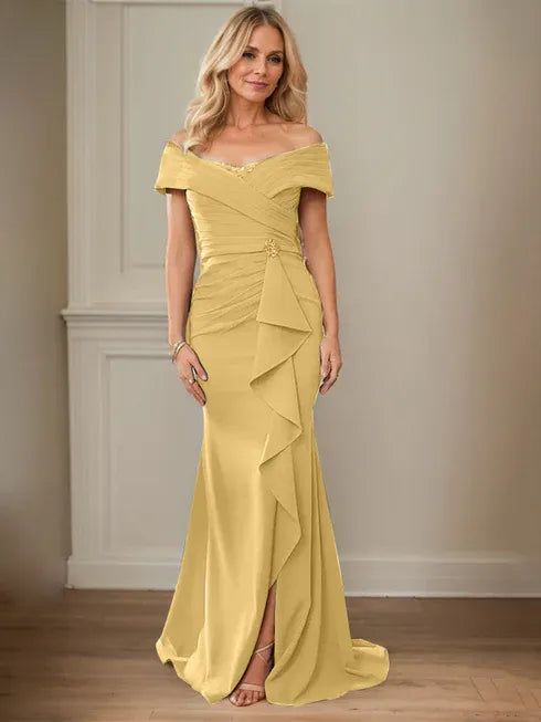 Floor-Length Lace and Chiffon Mother of the Bride Dress with Sheath/Column V-Neck Illusion and Pleated Sequins