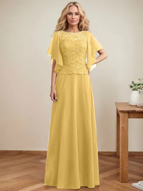 A-Line Scoop Neck Illusion Floor-Length Lace Chiffon Mother of the Bride Dress with Sequins