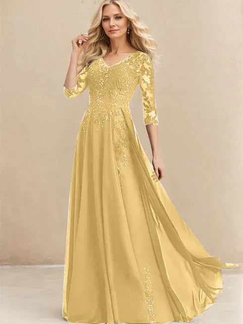 A-Line V-Neck Floor-Length Lace Chiffon Mother of the Bride Dress with Sequins