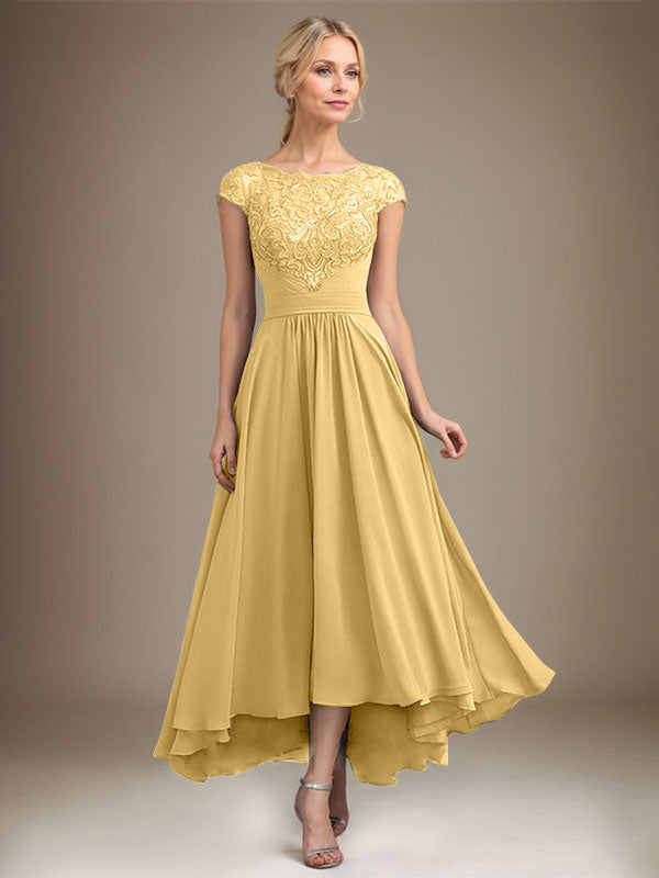 A-Line Scoop Neck Illusion Asymmetrical Lace Chiffon Mother of the Bride Dress with Pleats