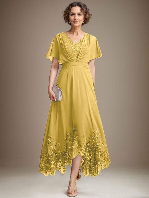 A-Line V-Neck Asymmetrical Lace Chiffon Mother of the Bride Dress with Pleats